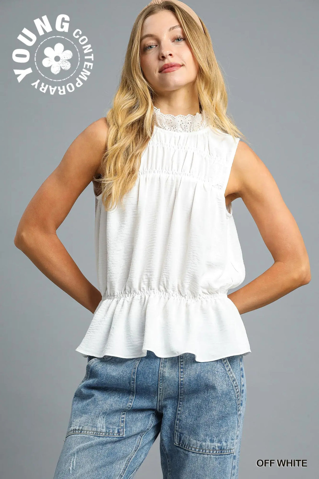 Smocked Ruffle Neck Sleeveless Top