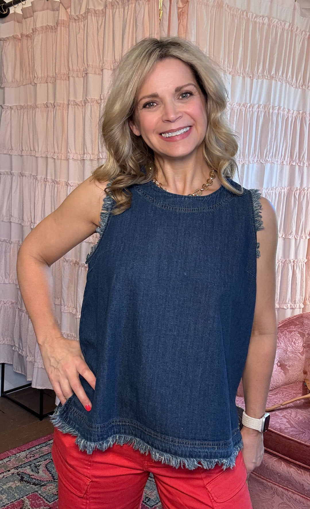Denim Sleeveless Fringe Hem Top