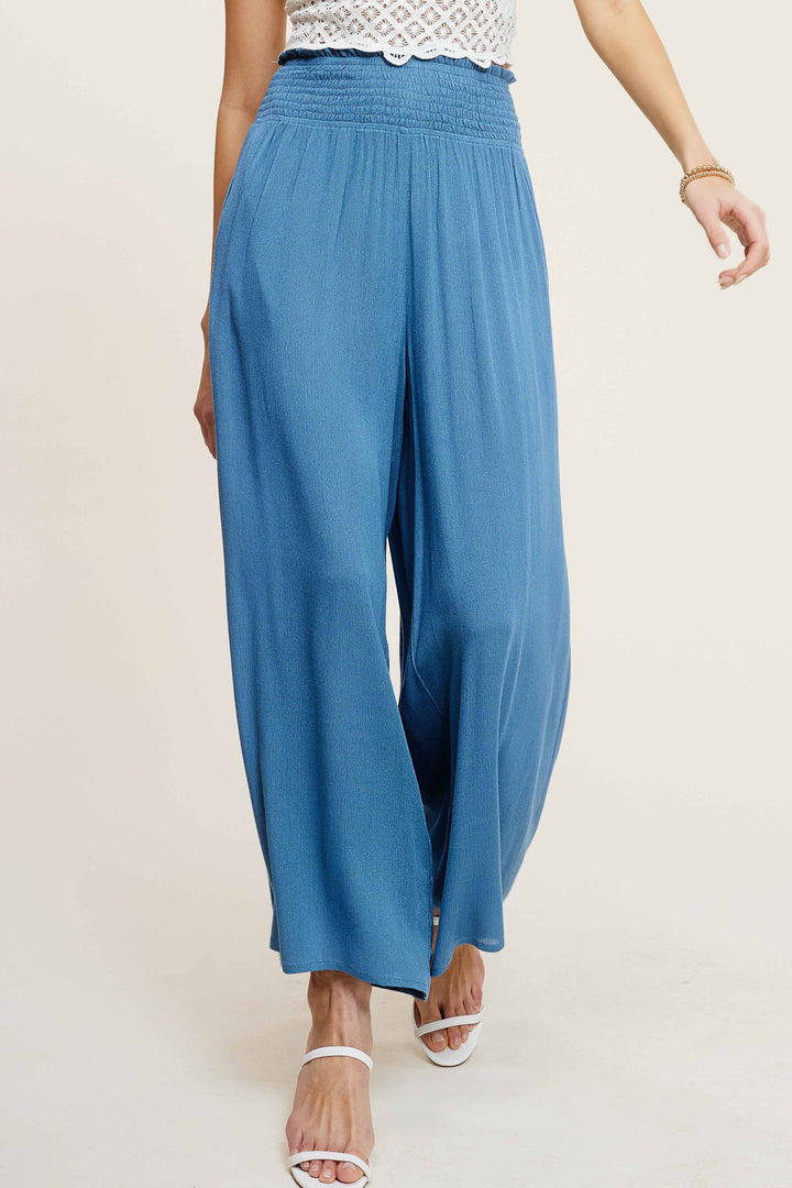 Wide Leg Smocked Elastic Waist Pants With Pockets