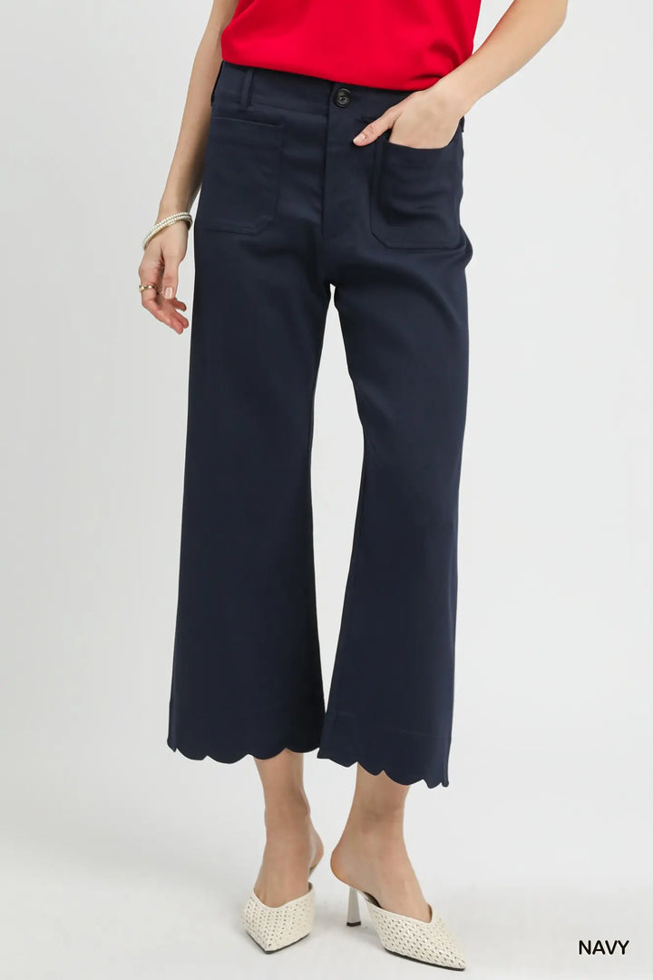 Navy Scallop Hem Wide Leg Pant