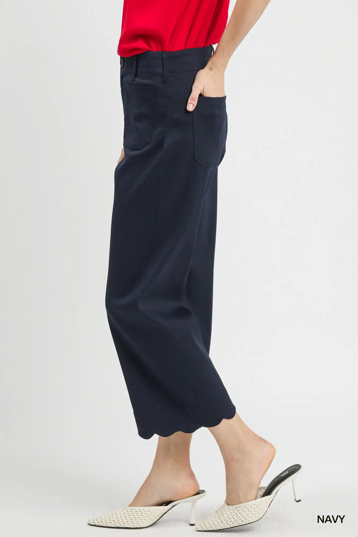 Navy Scallop Hem Wide Leg Pant