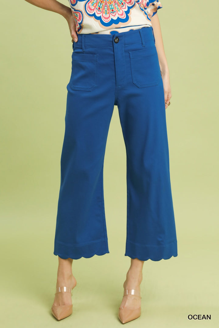Ocean Blue Scallop Hem Wide Leg Pant