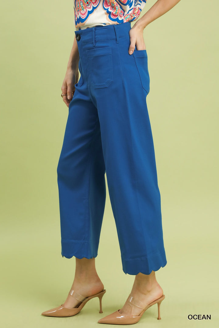 Ocean Blue Scallop Hem Wide Leg Pant