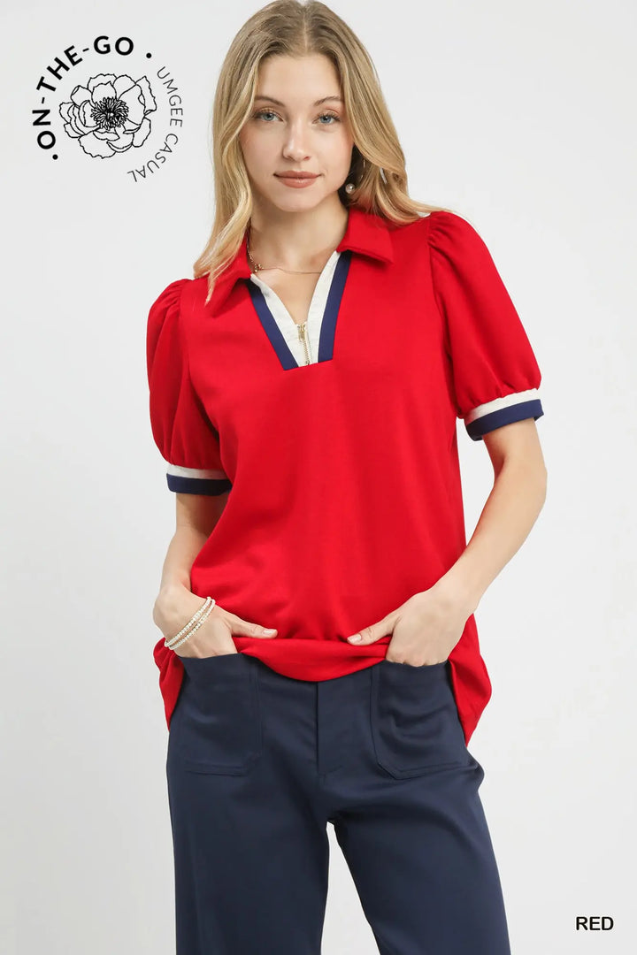 Red Puff Sleeve Zip Front Top