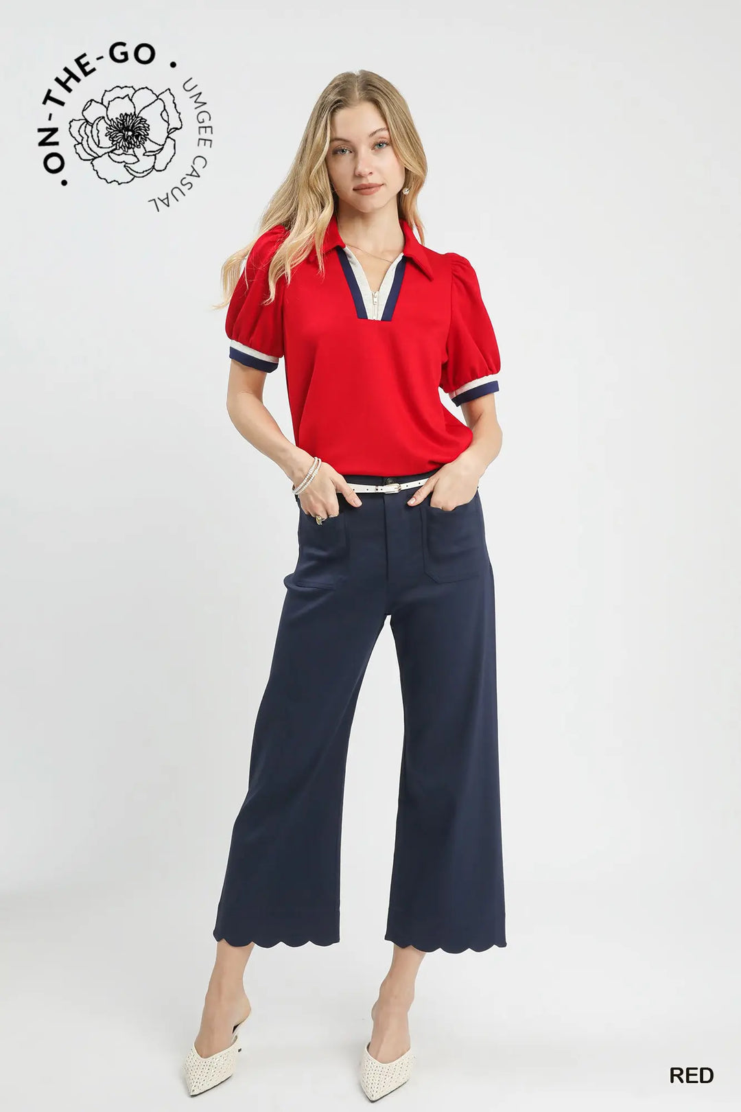 Red Puff Sleeve Zip Front Top