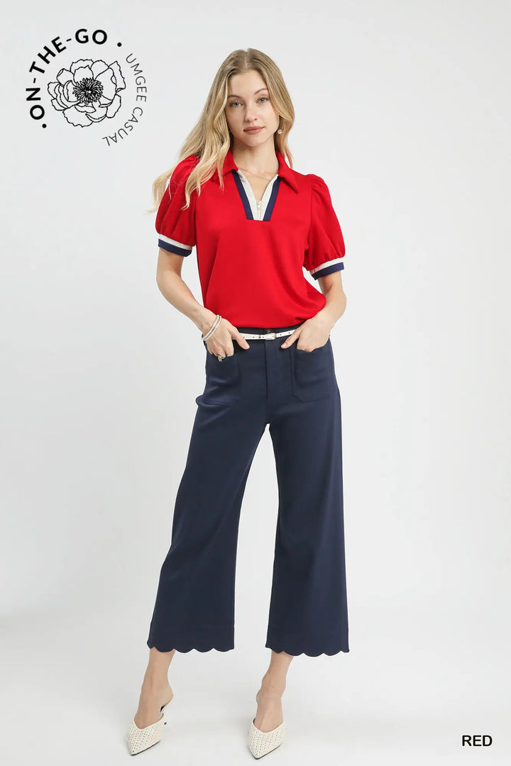 Red Puff Sleeve Zip Front Top