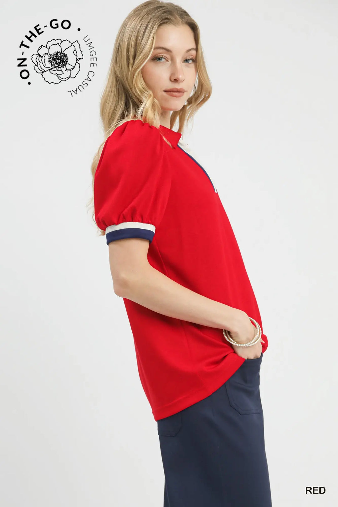Red Puff Sleeve Zip Front Top