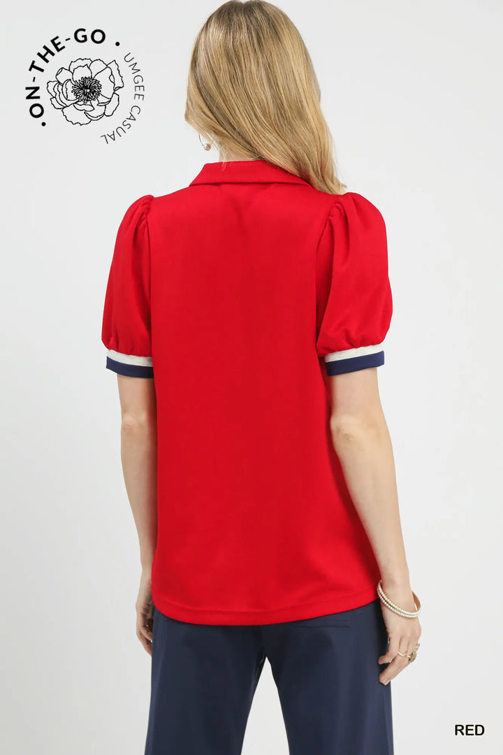 Red Puff Sleeve Zip Front Top
