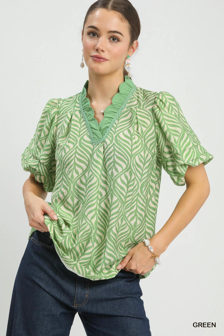 Printed Puff Sleeve Ruffle Neck Top – Green