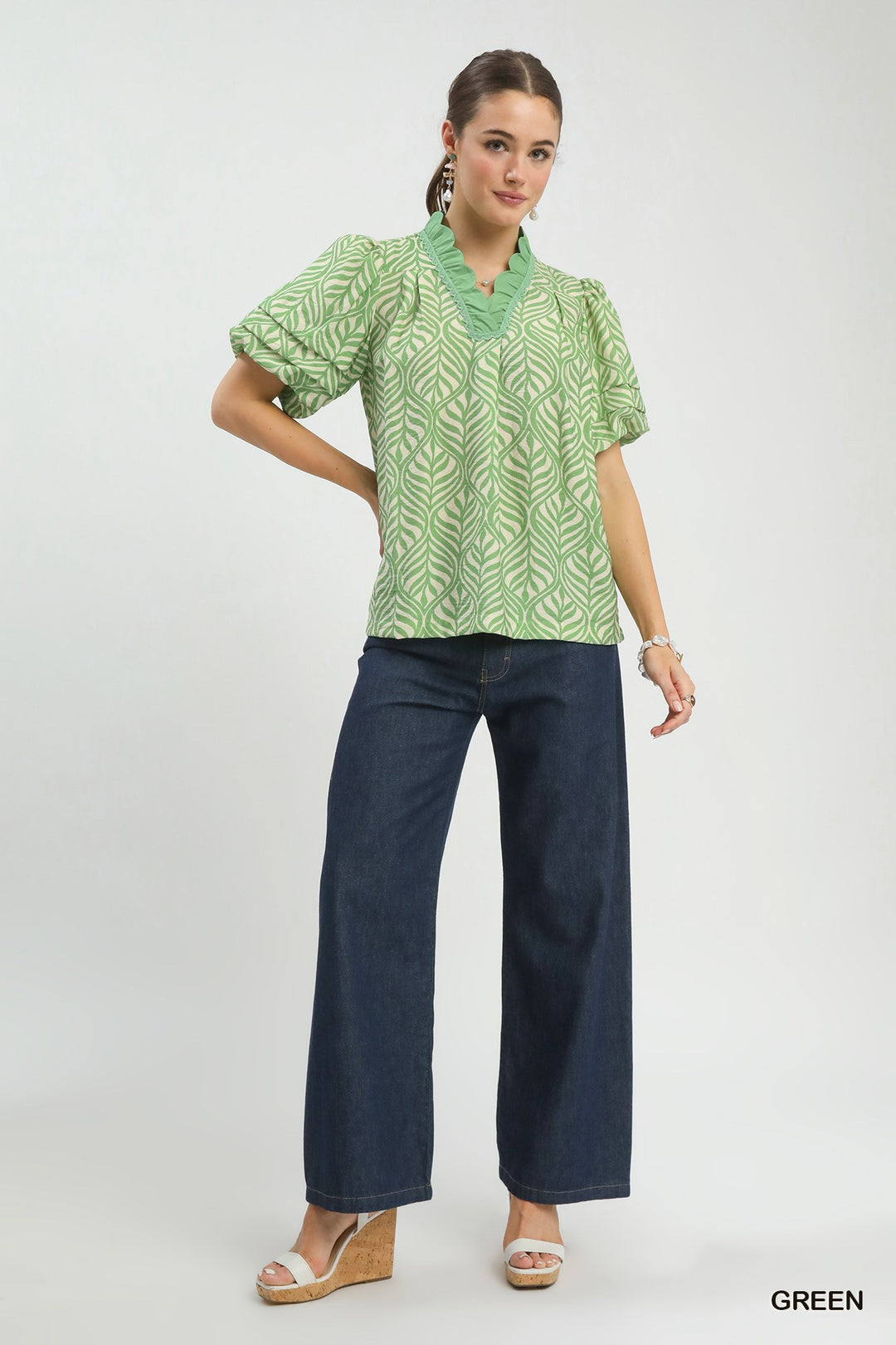 Printed Puff Sleeve Ruffle Neck Top – Green