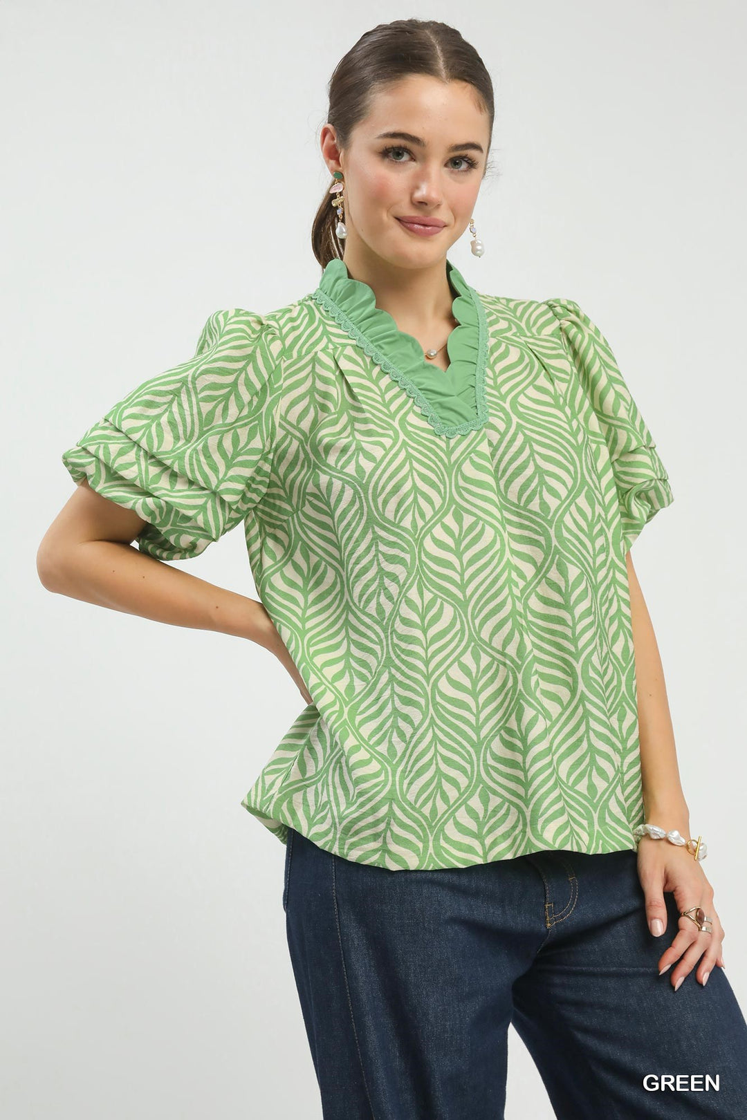 Printed Puff Sleeve Ruffle Neck Top – Green