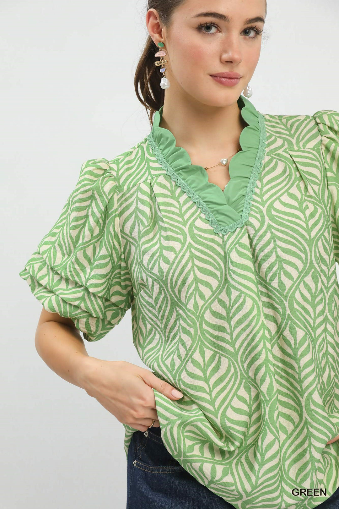 Printed Puff Sleeve Ruffle Neck Top – Green