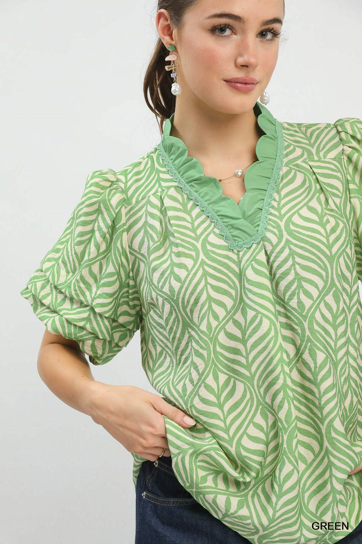 Printed Puff Sleeve Ruffle Neck Top – Green