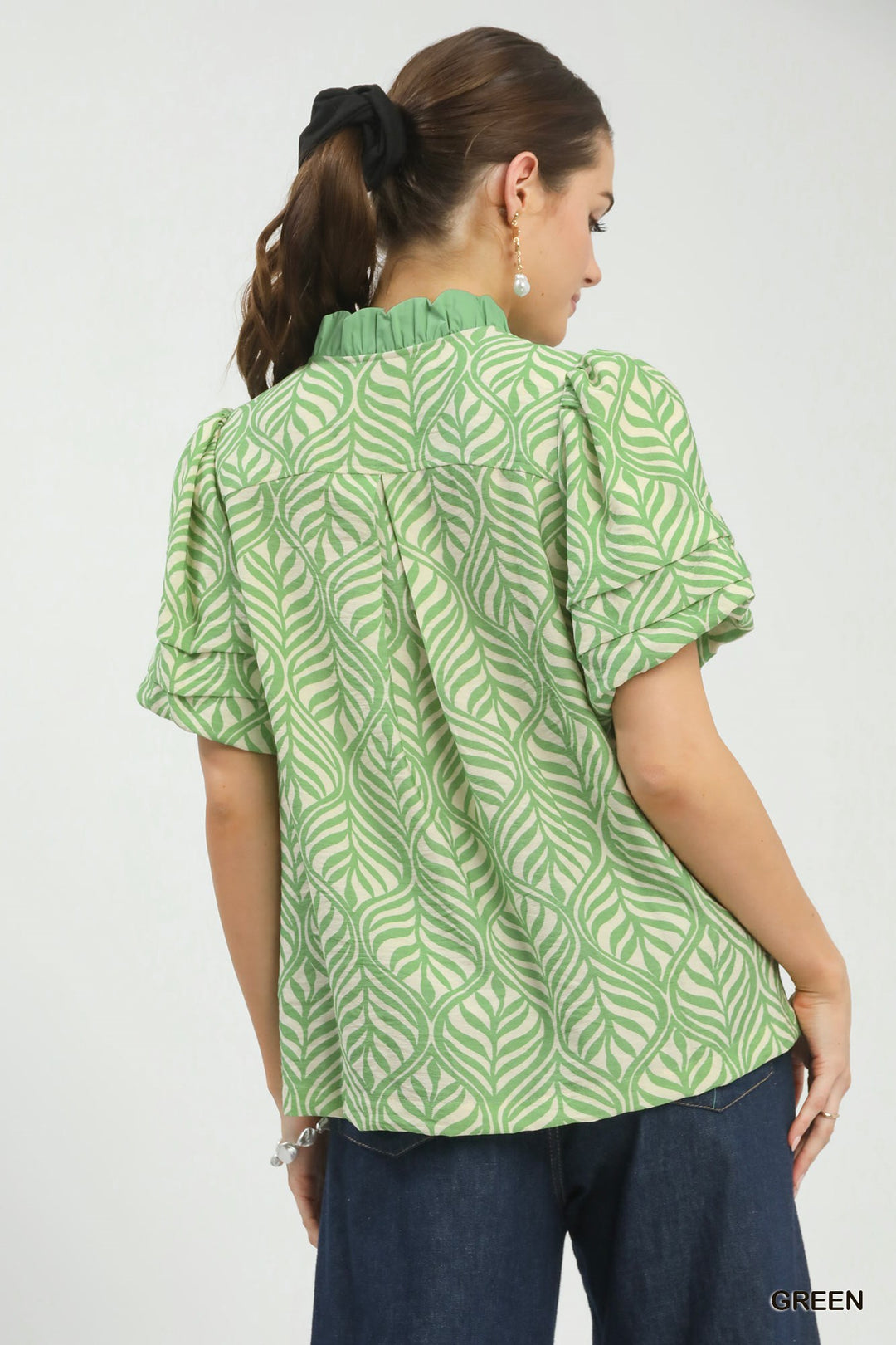 Printed Puff Sleeve Ruffle Neck Top – Green