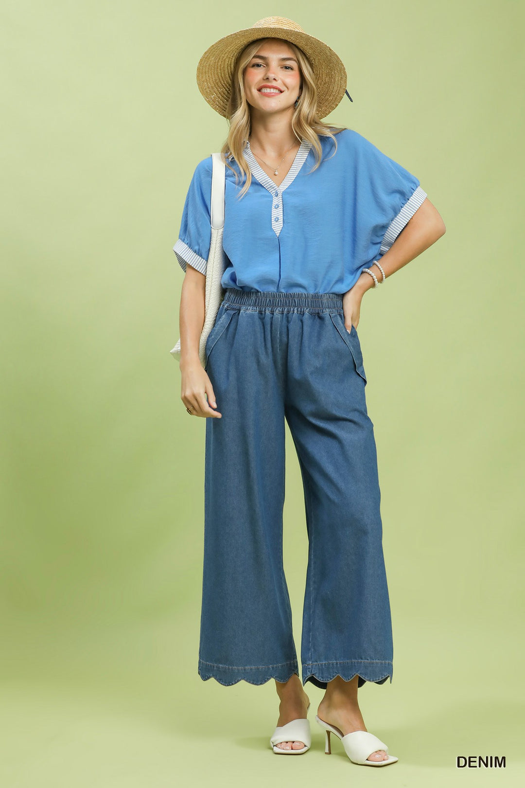 Chambray Scalloped Hem Pants