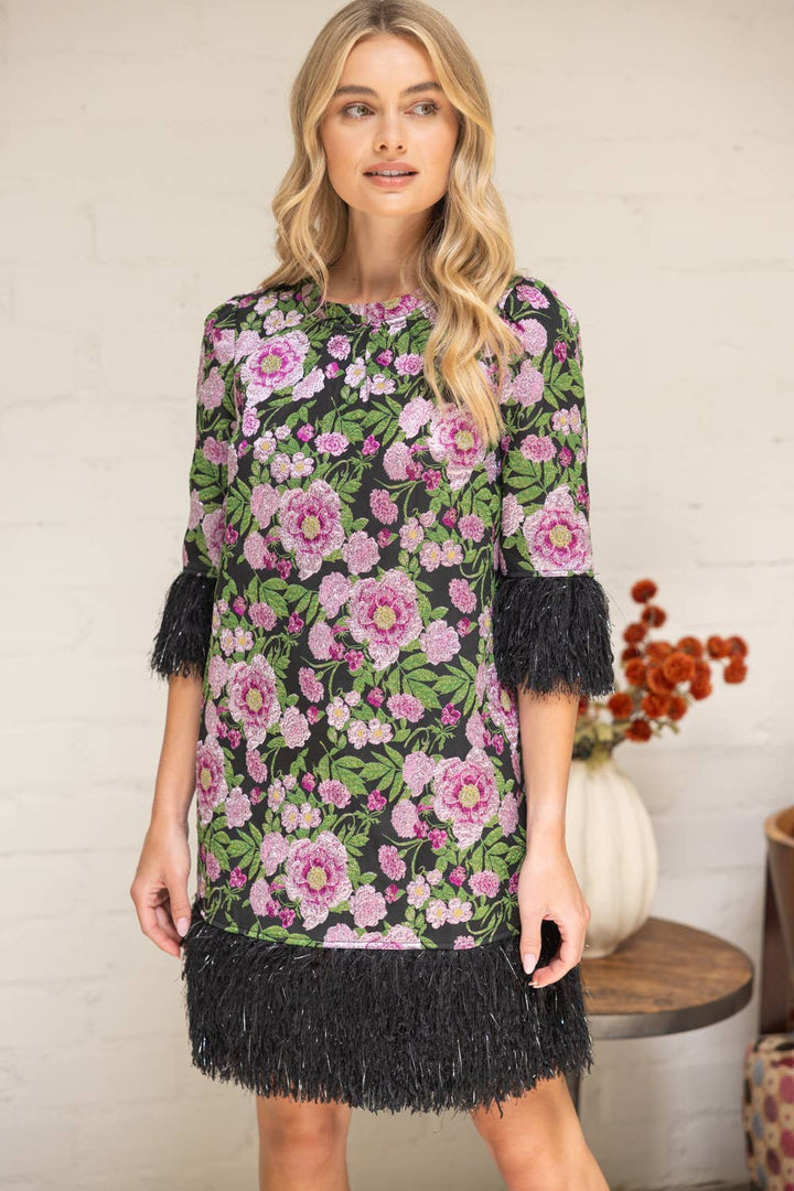 Ostrich Feather Fringe Trim Floral Jacquard Dress