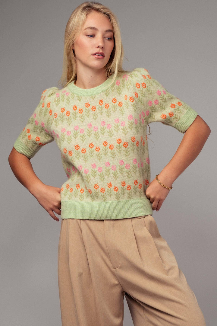 Floral Print Crew Neck Knit Sweater