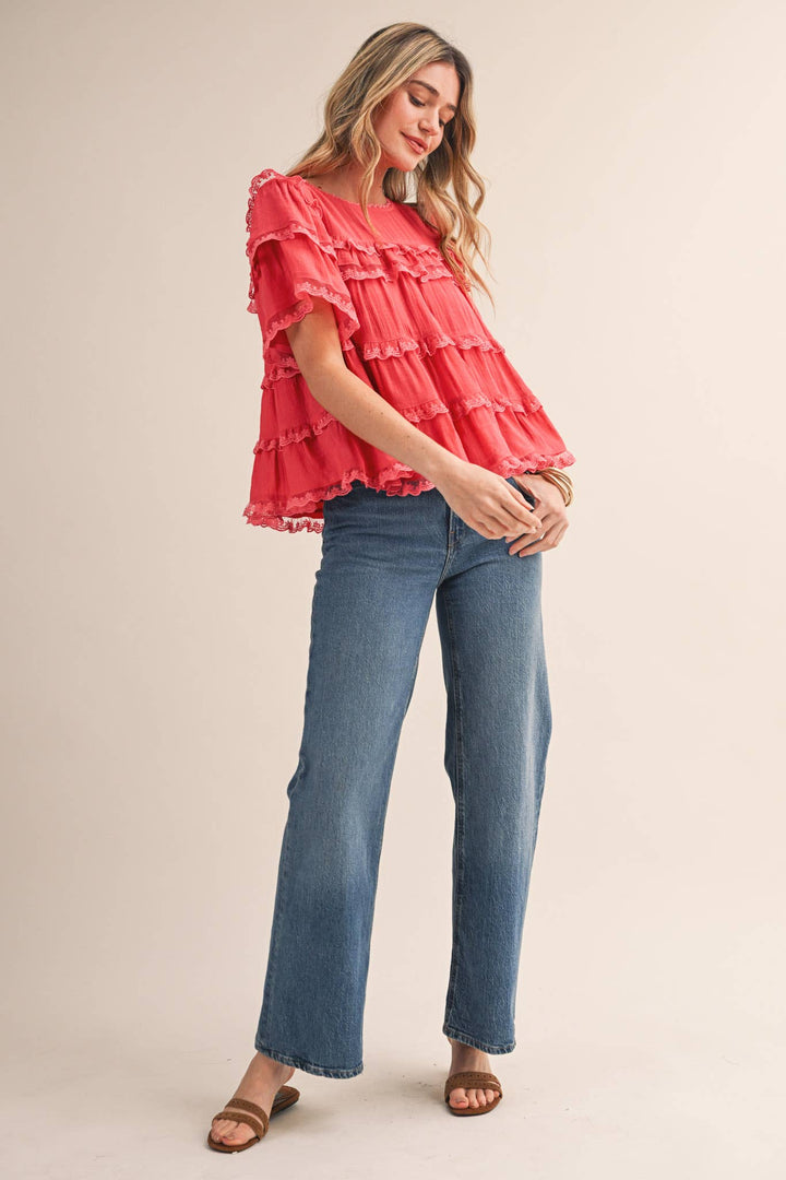 Ruffle Lace Trim Swing Top