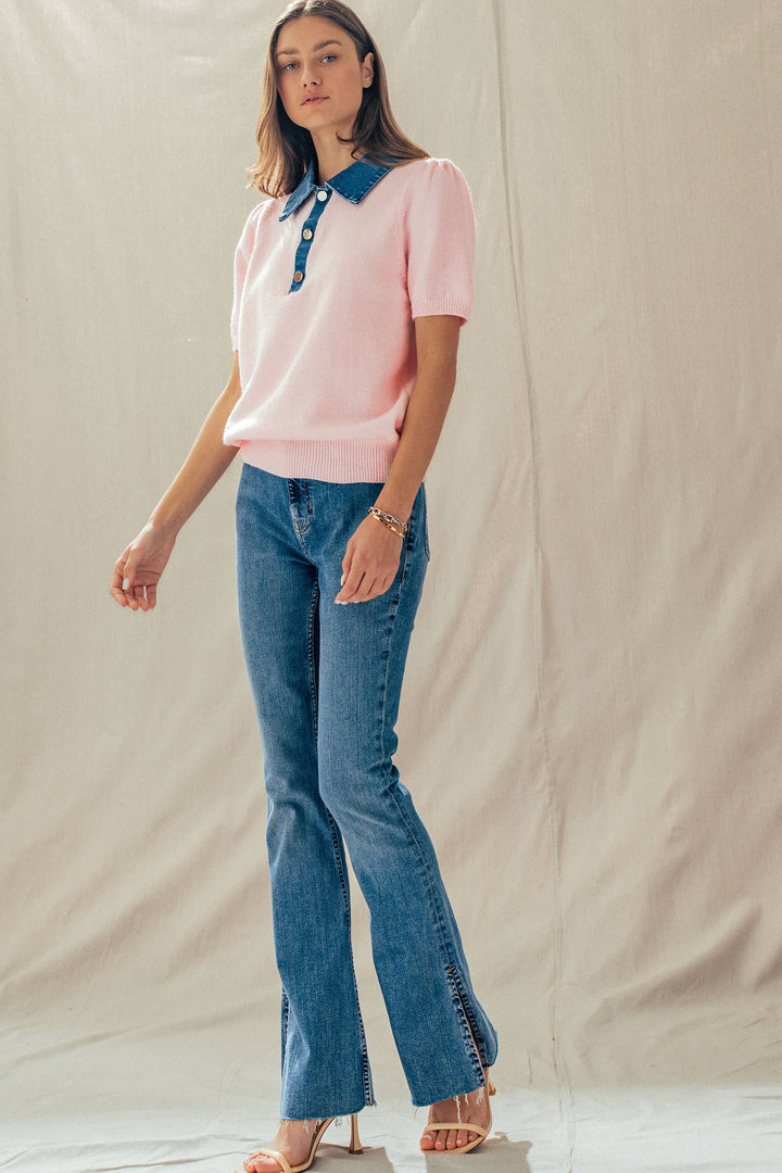 Contrast Denim Collar Knit Sweater Top