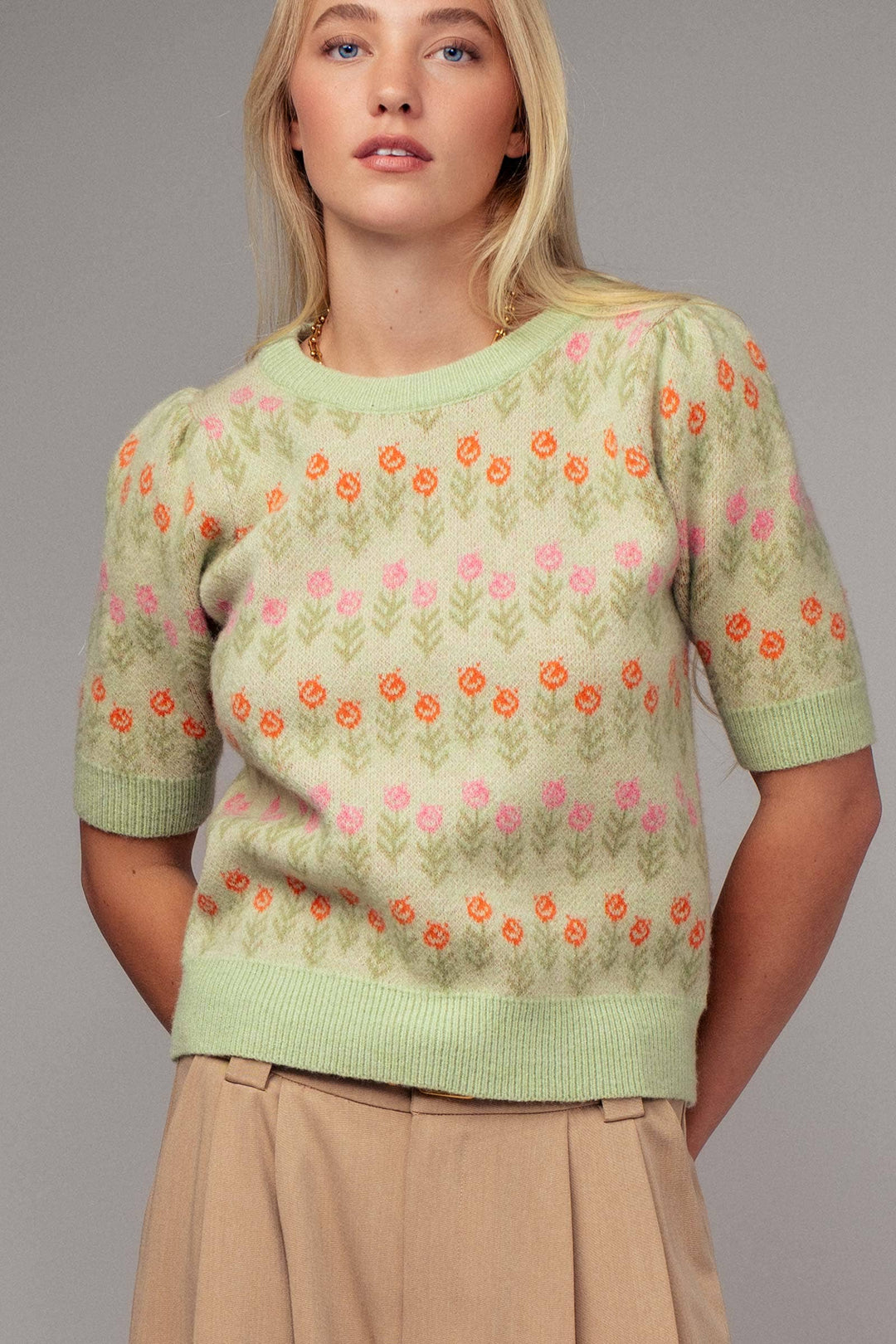 Floral Print Crew Neck Knit Sweater