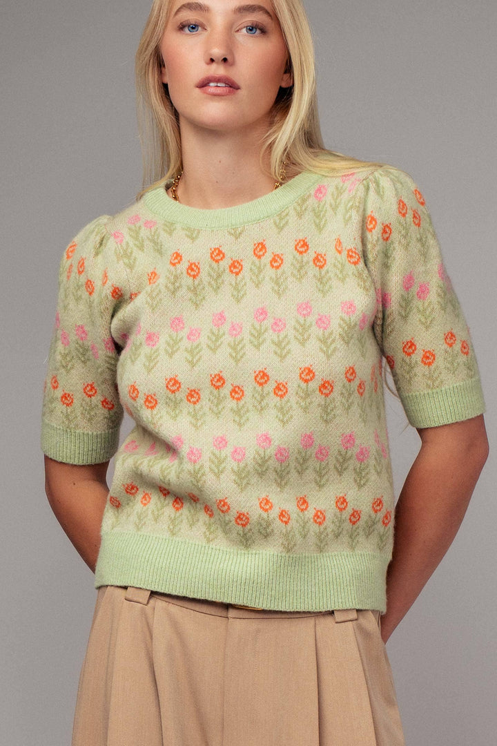 Floral Print Crew Neck Knit Sweater