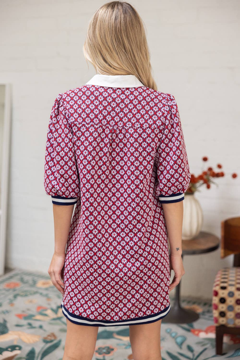 Collar Button Down Textured Floral Print Dress