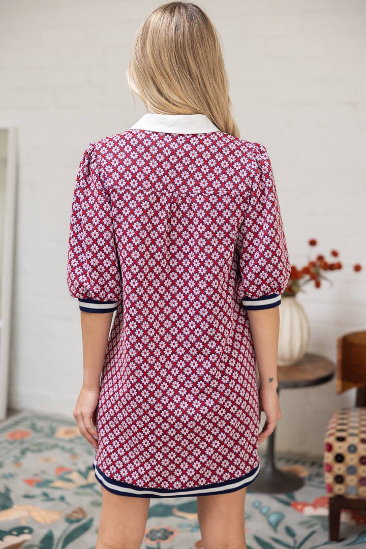 Collar Button Down Textured Floral Print Dress