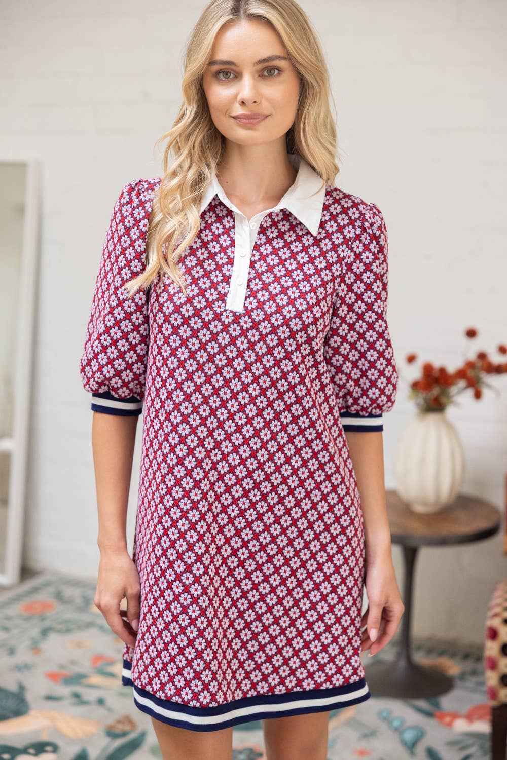 Collar Button Down Textured Floral Print Dress