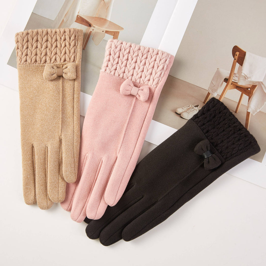 Gloves Cable Knit Textured Block Cuff with Bow