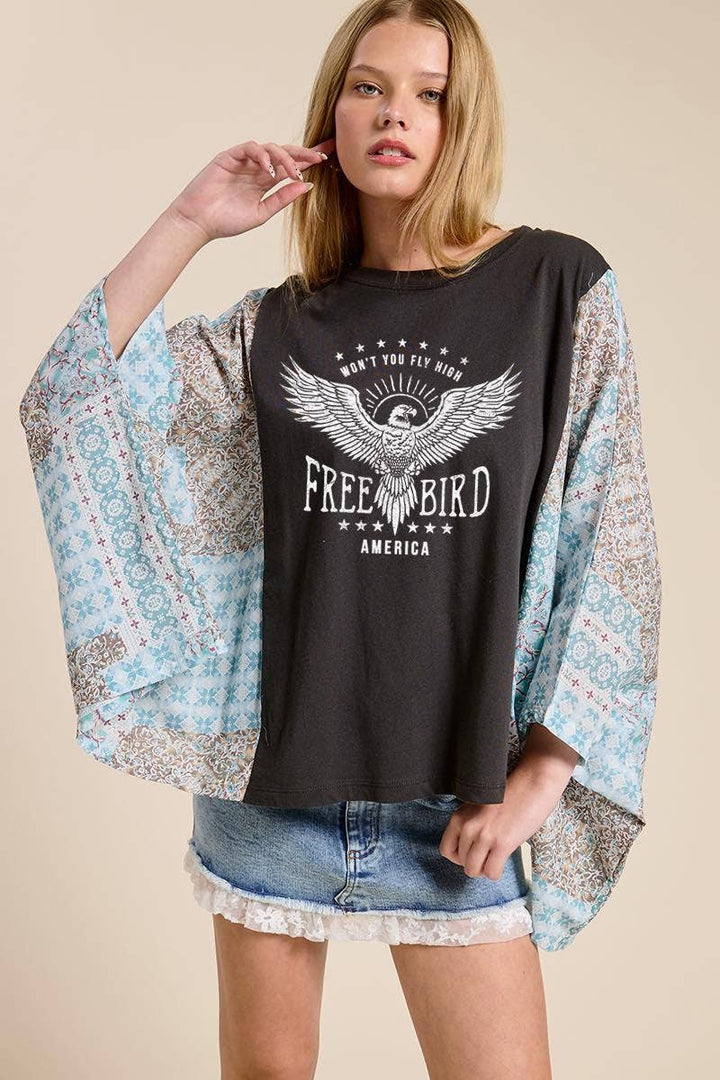 Free Bird America Graphic Sheer Boho Kaftan Top