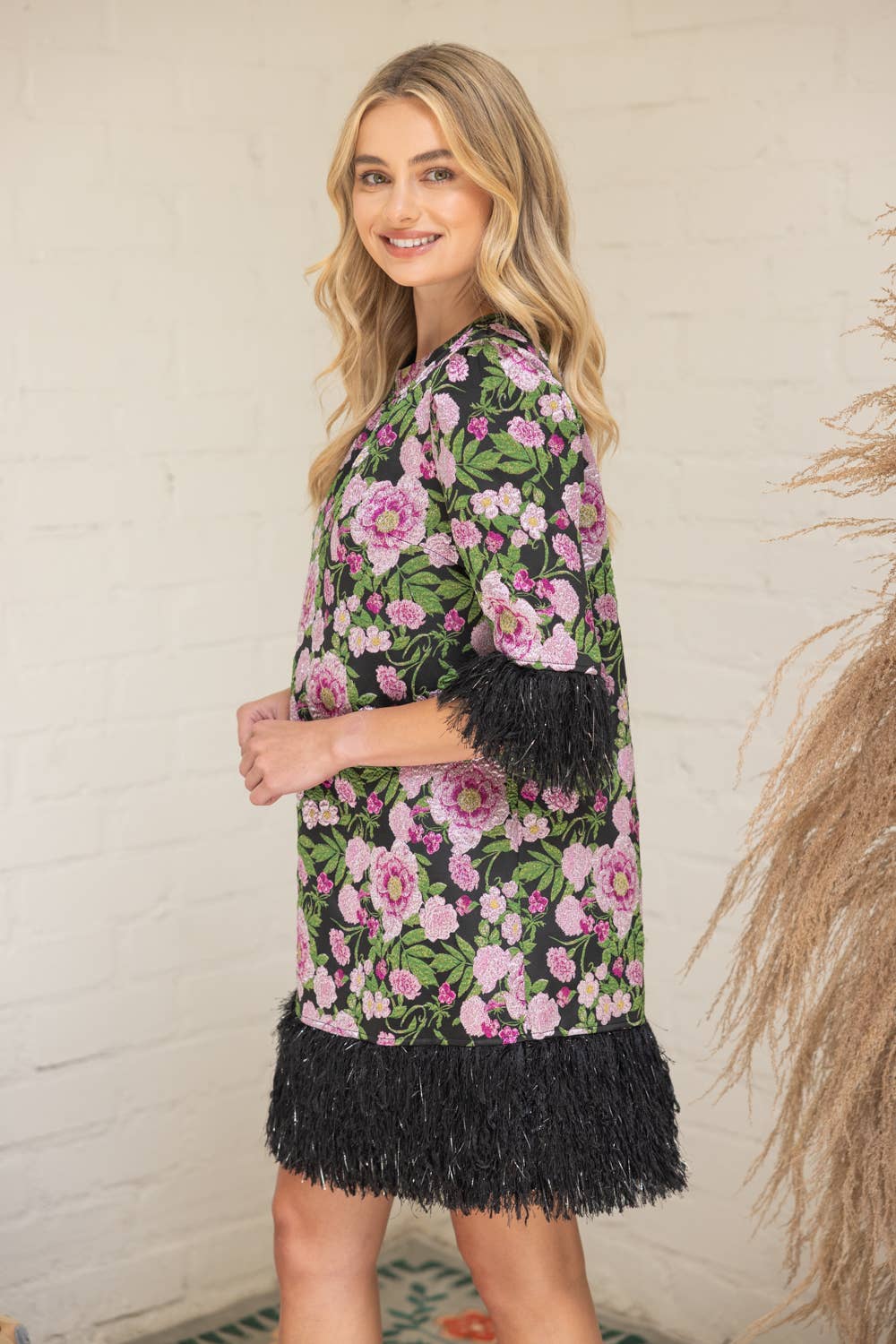 Ostrich Feather Fringe Trim Floral Jacquard Dress