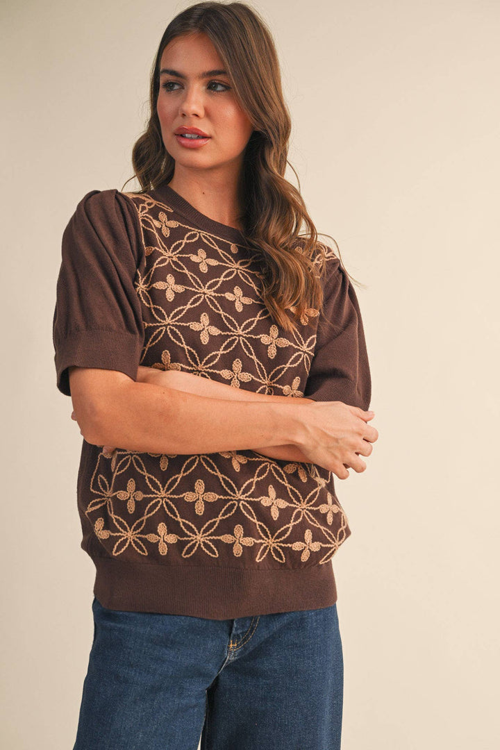 Brown Puff Sleeve Sweater Top