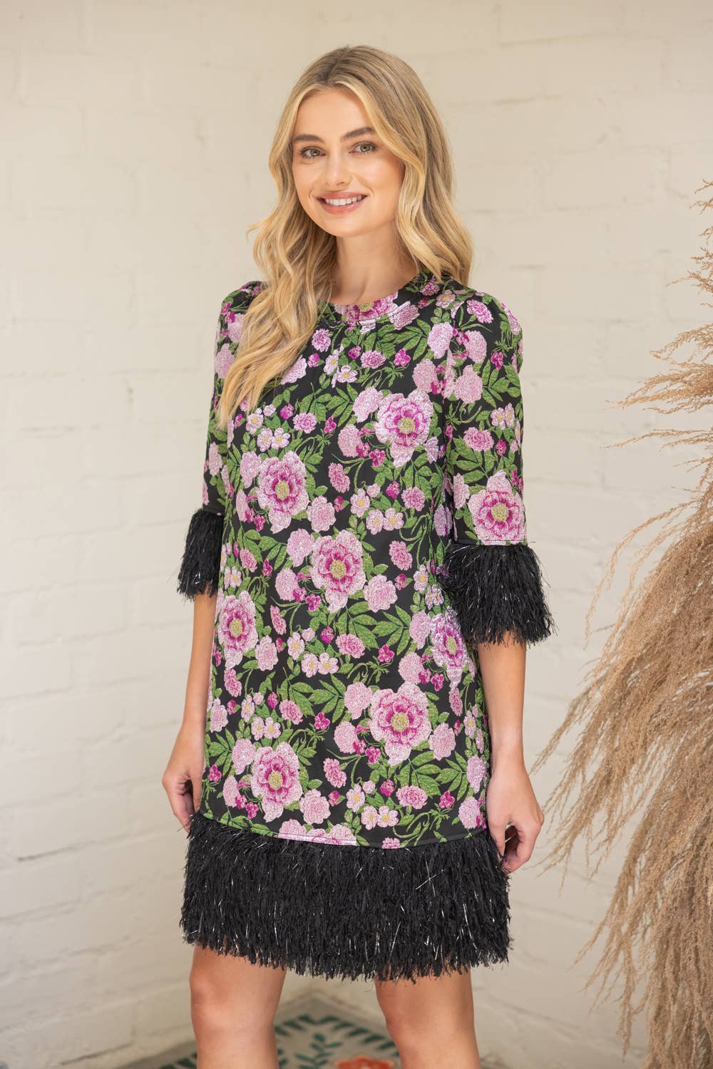 Ostrich Feather Fringe Trim Floral Jacquard Dress