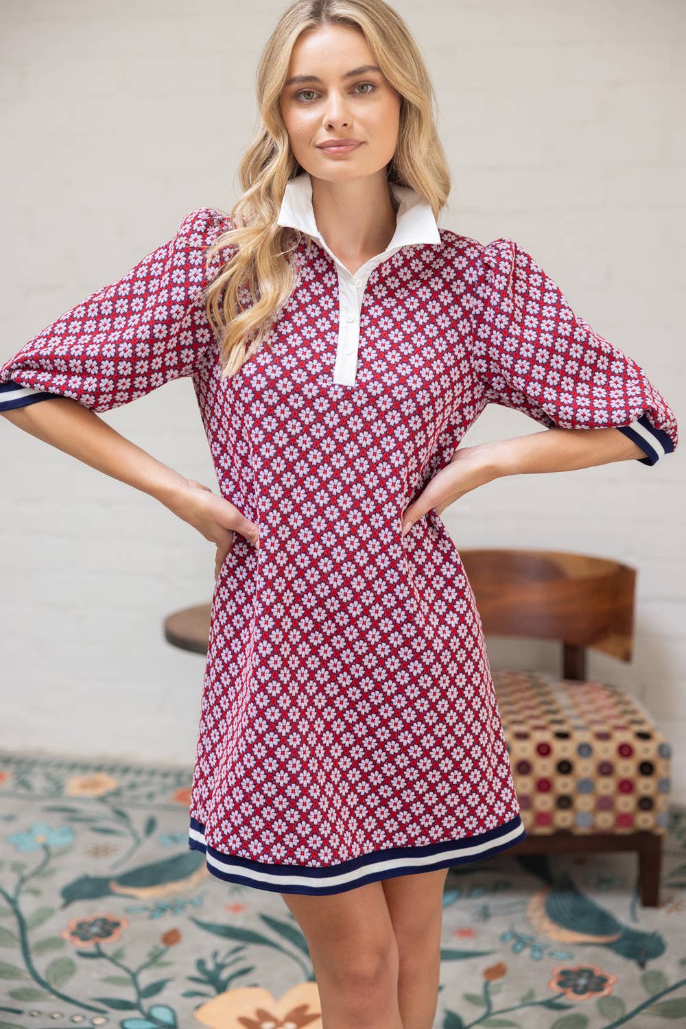 Collar Button Down Textured Floral Print Dress