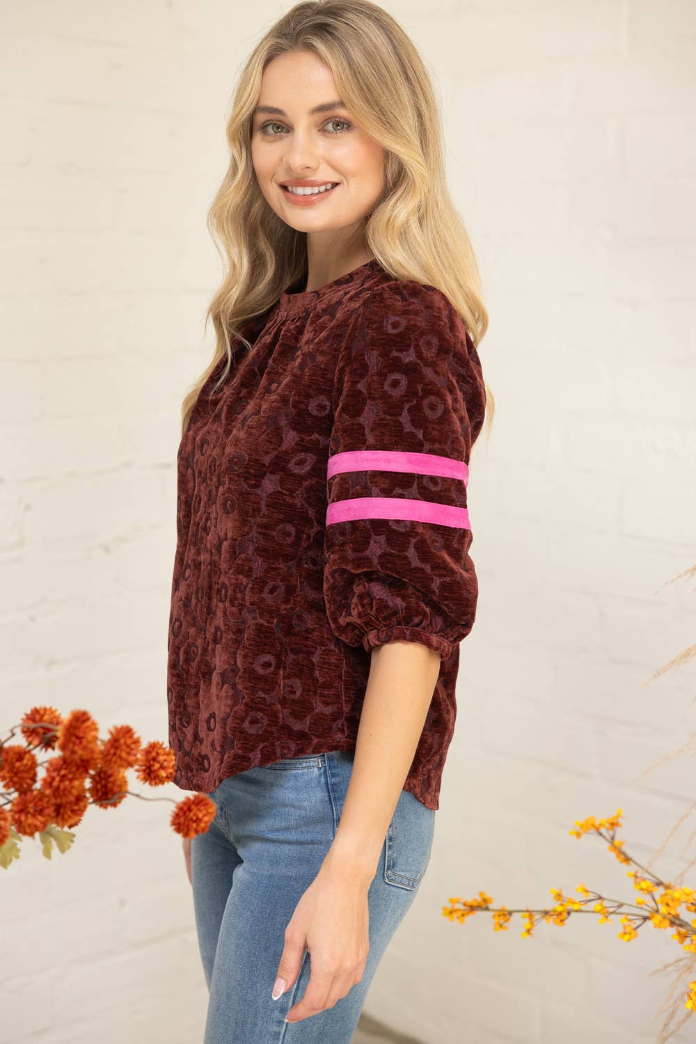 Velvet Stripe Detail Sleeve Floral Top
