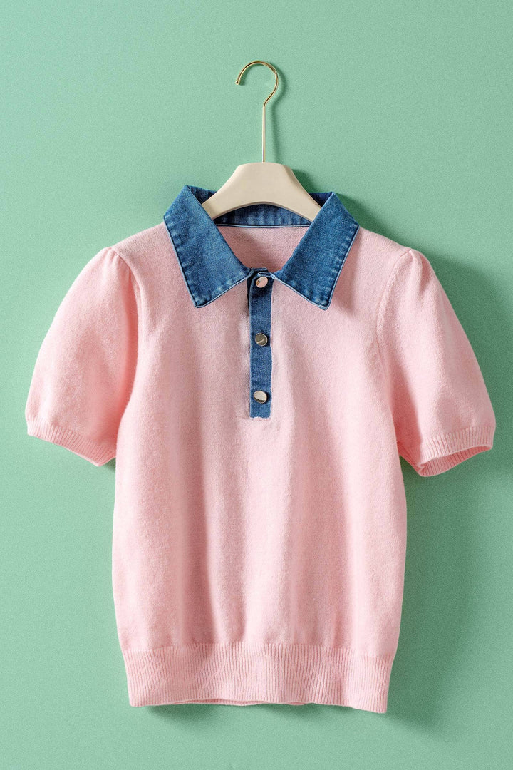 Contrast Denim Collar Knit Sweater Top