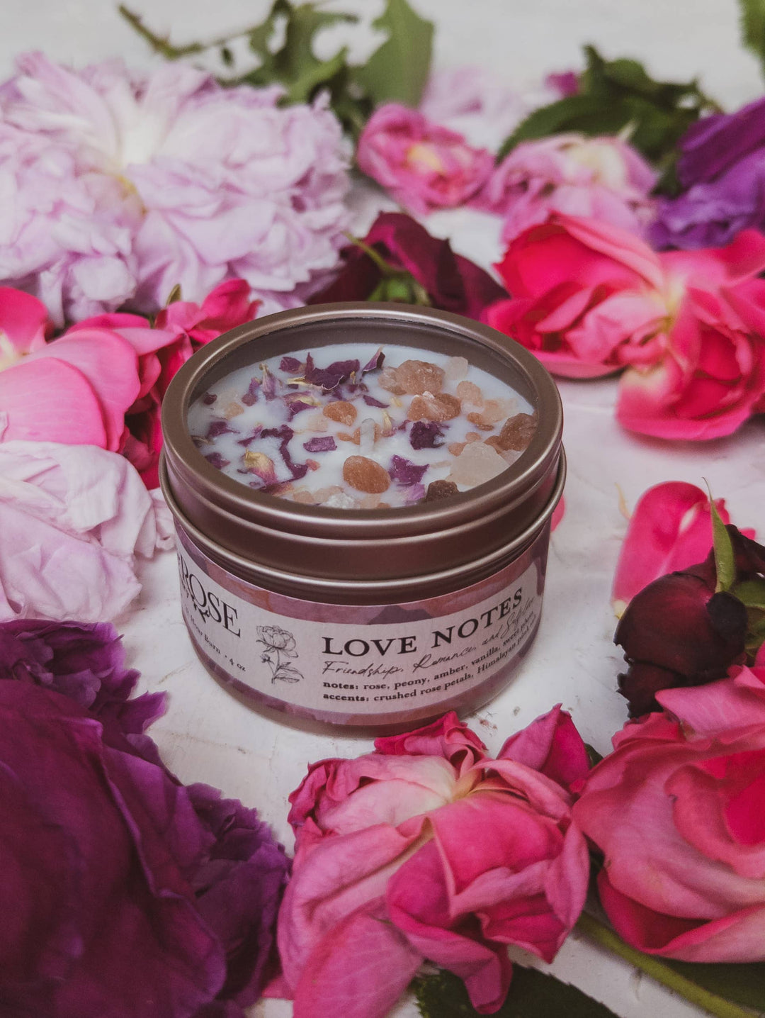 Love Notes Soy Candle Rose Petals Pink Himalayan Salt Flower