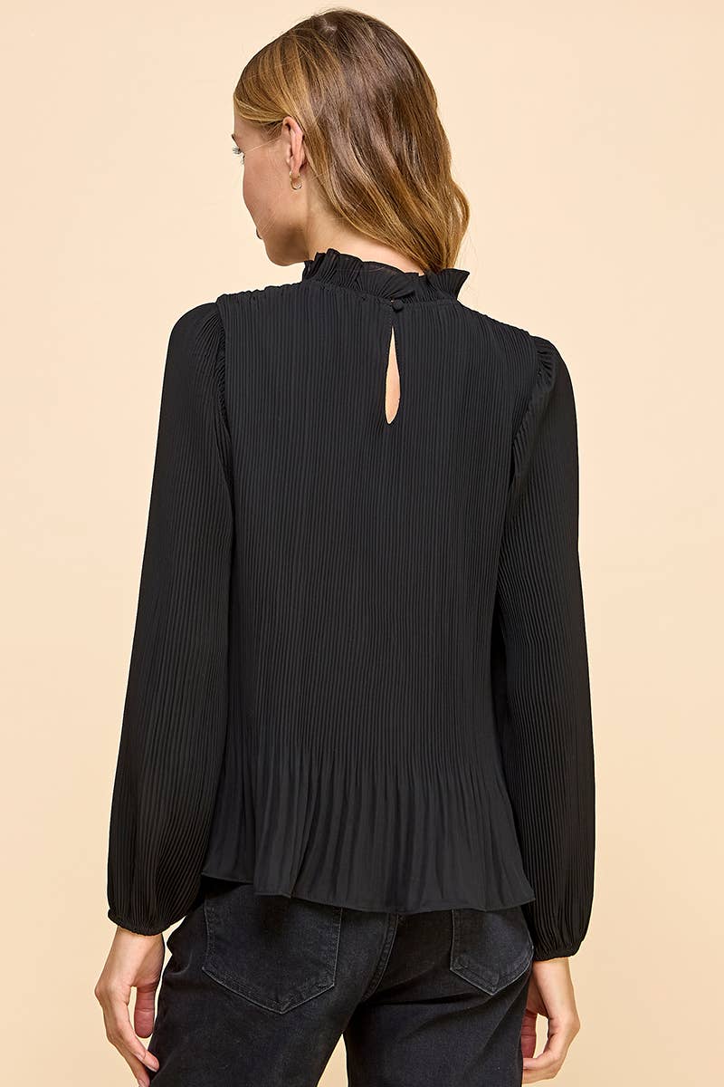 Black Pleated Mock Neckline Top