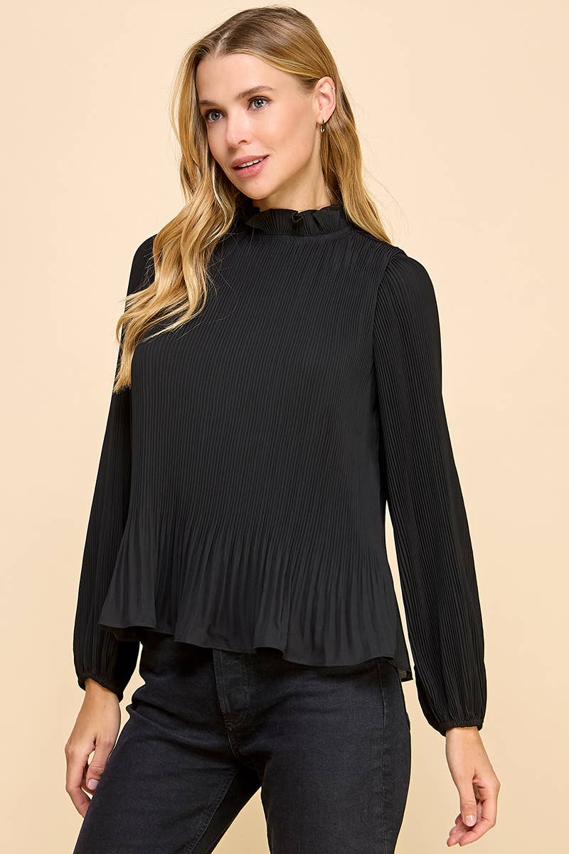 Black Pleated Mock Neckline Top