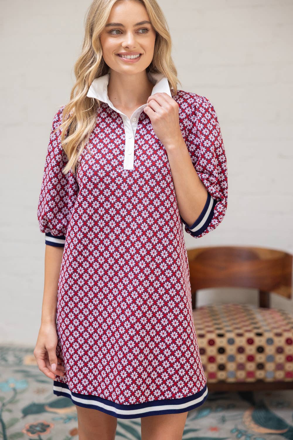 Collar Button Down Textured Floral Print Dress