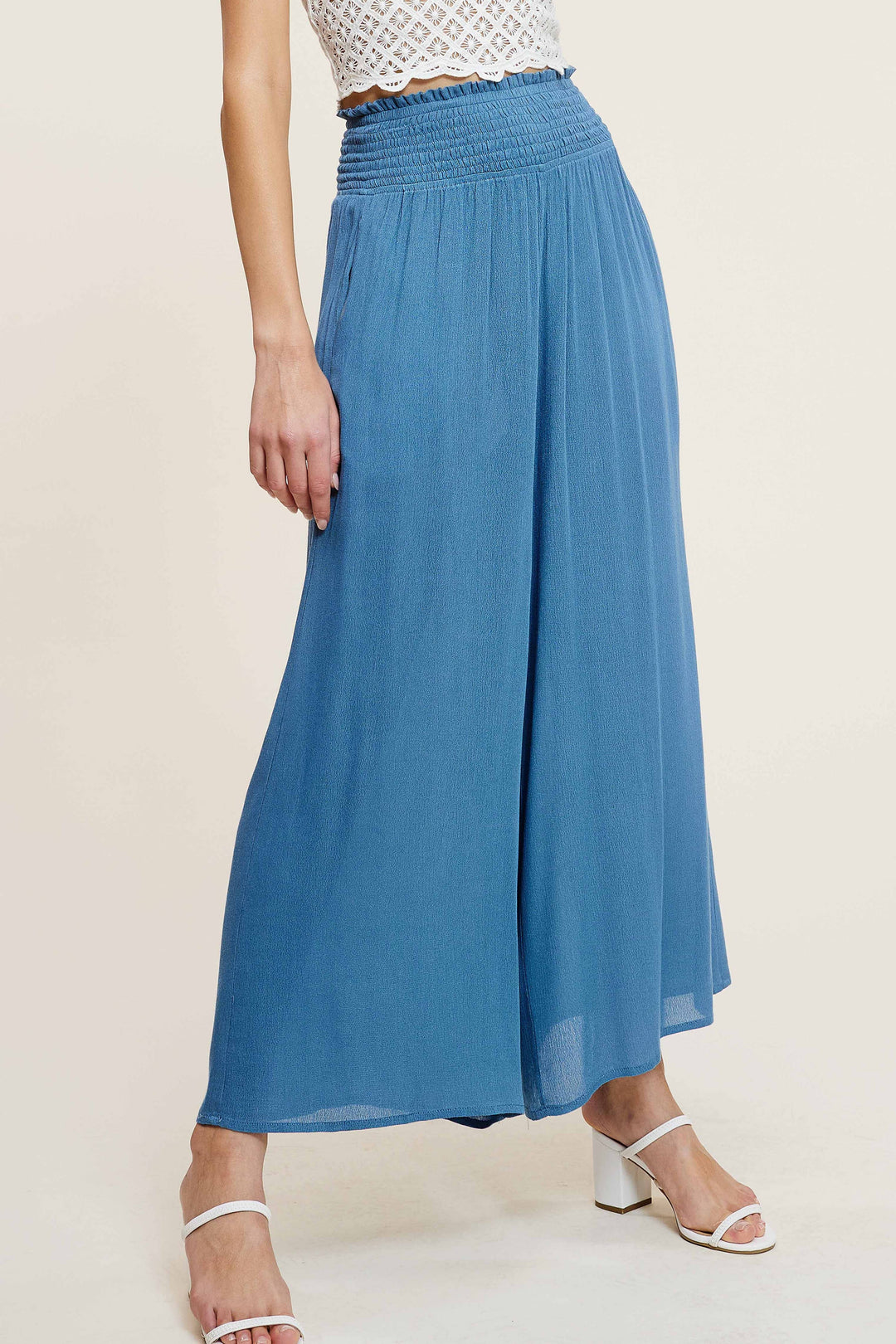 Wide Leg Smocked Elastic Waist Pants With Pockets