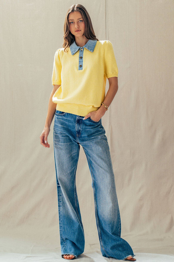 Contrast Denim Collar Knit Sweater Top