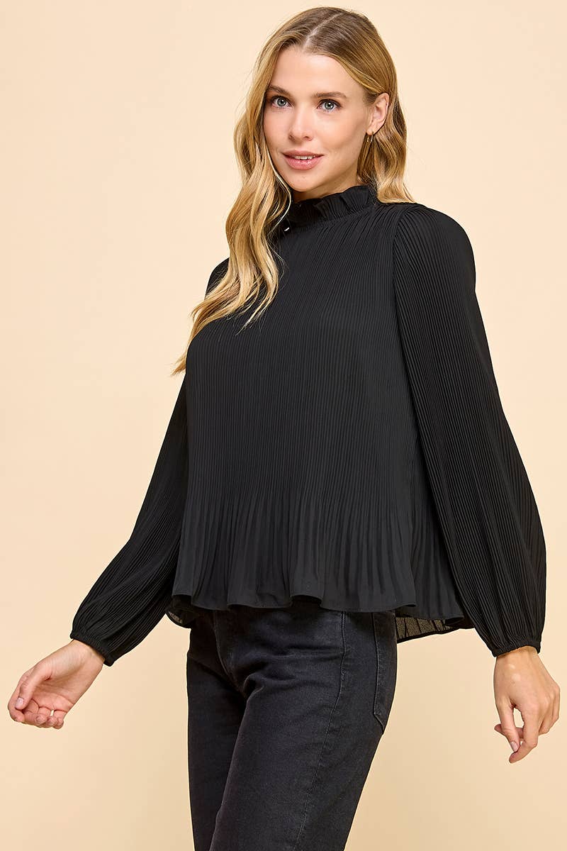 Black Pleated Mock Neckline Top