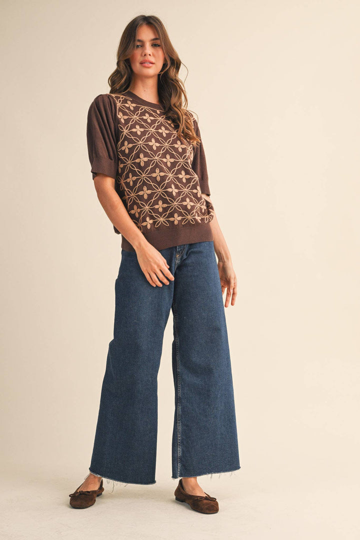 Brown Puff Sleeve Sweater Top