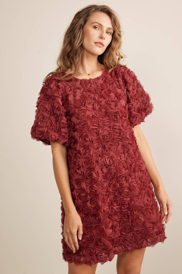 Rose Applique Bubble Sleeve Dress