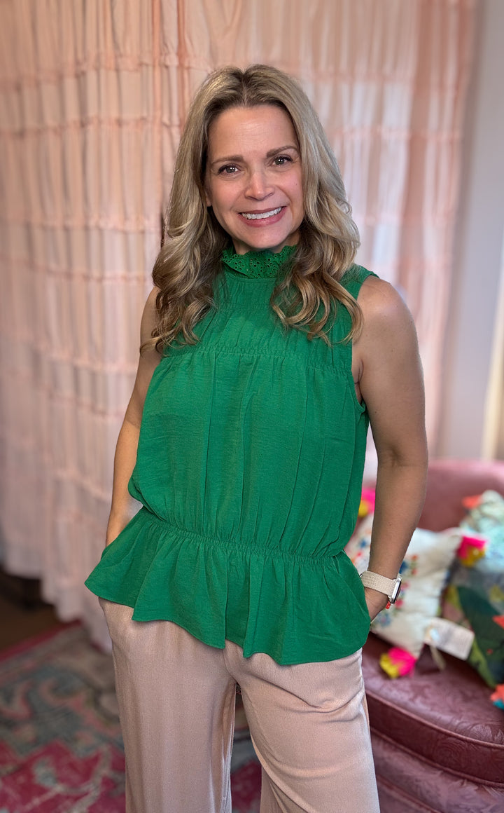 Smocked Ruffle Neck Sleeveless Top
