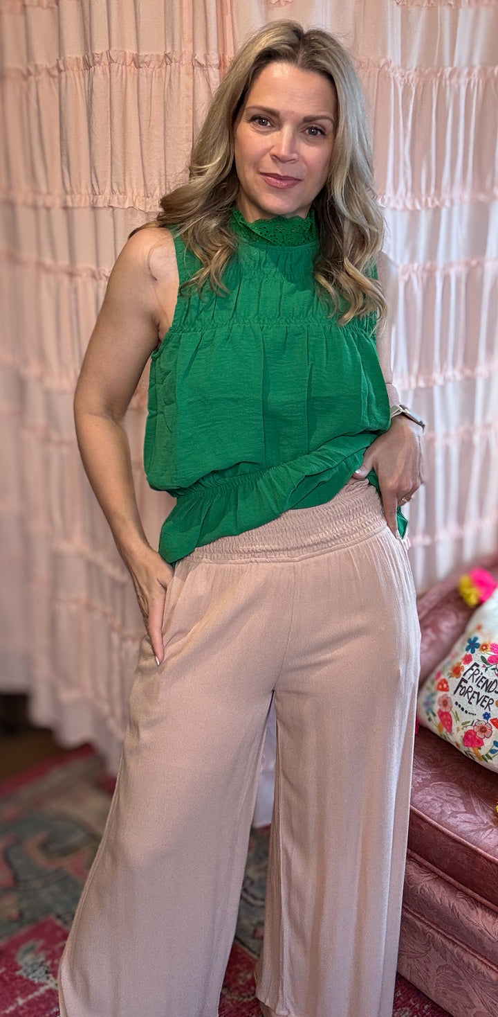 Wide Leg Smocked Elastic Waist Pants With Pockets