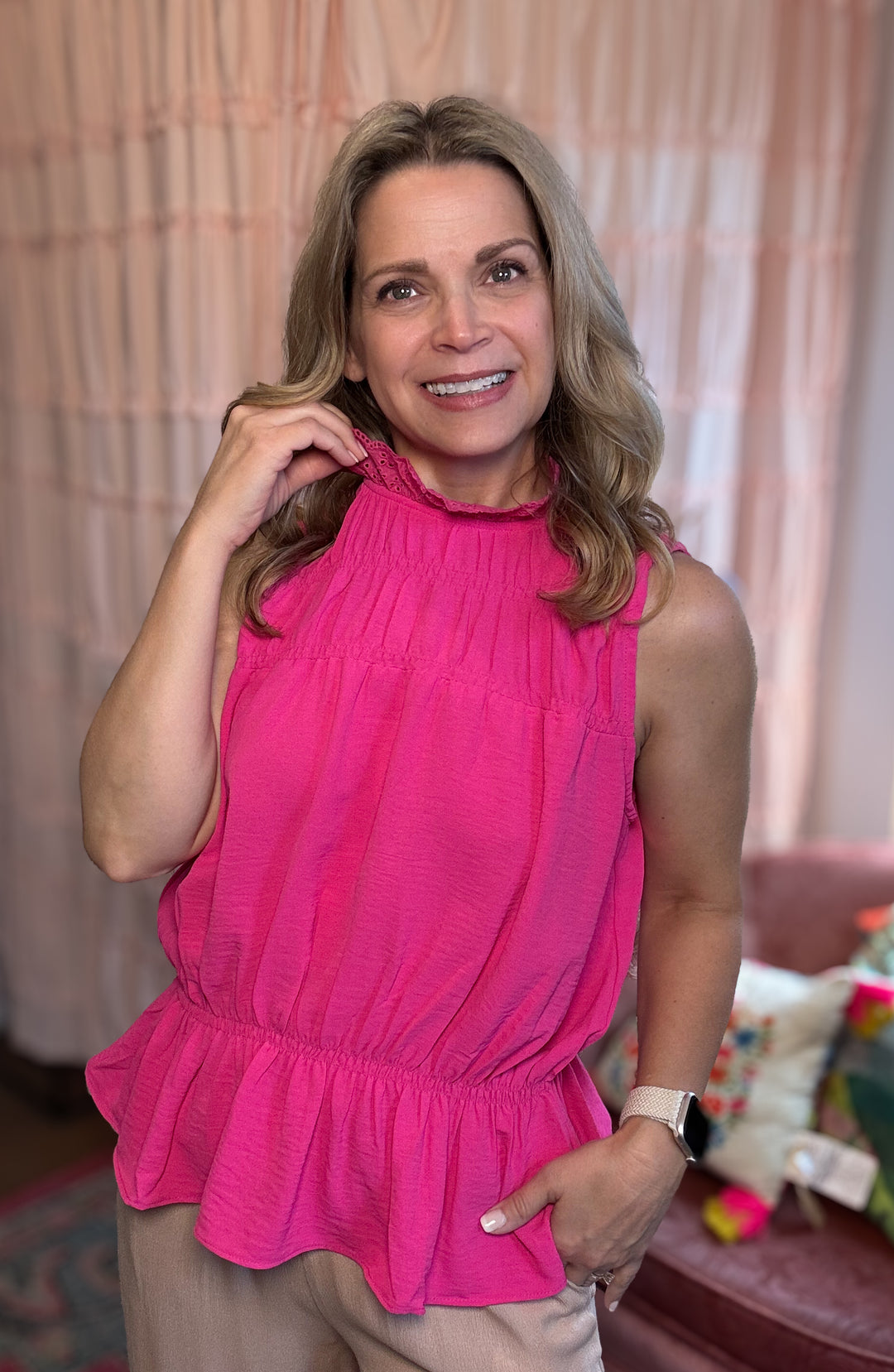 Smocked Ruffle Neck Sleeveless Top