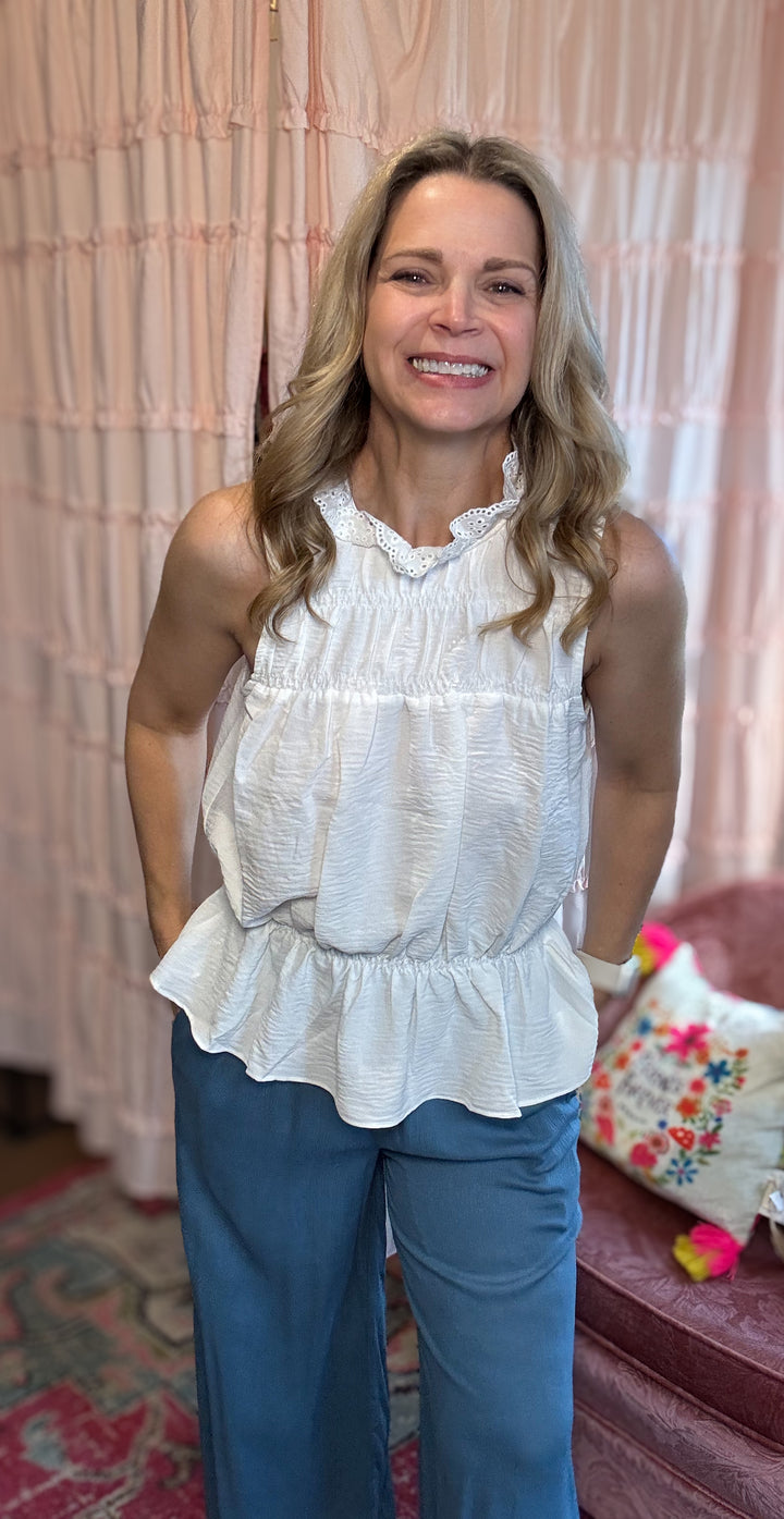 Smocked Ruffle Neck Sleeveless Top