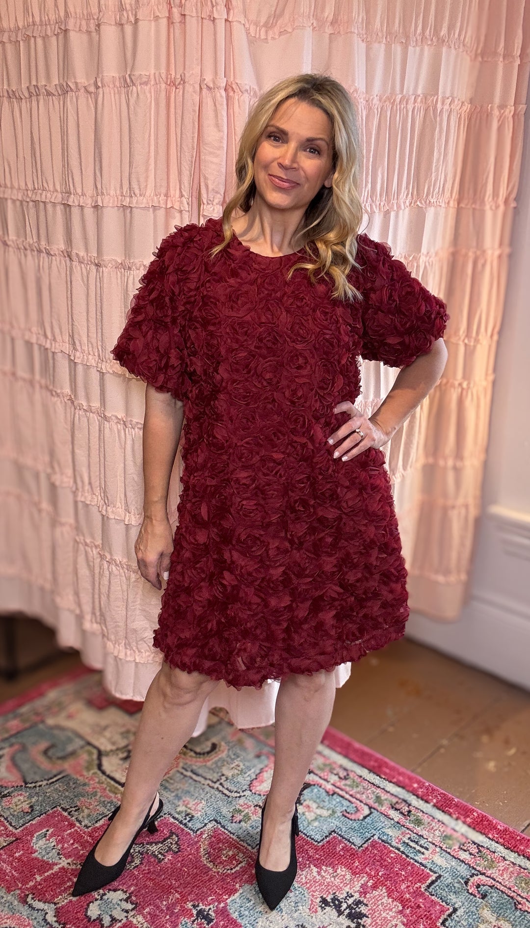 Rose Applique Bubble Sleeve Dress